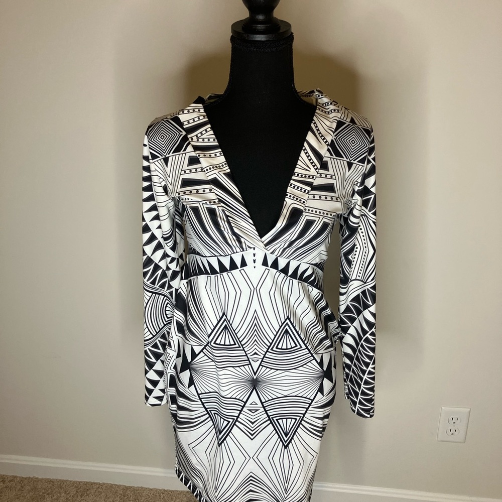 Black & White Geometric V-Neck Long Sleeve Dress